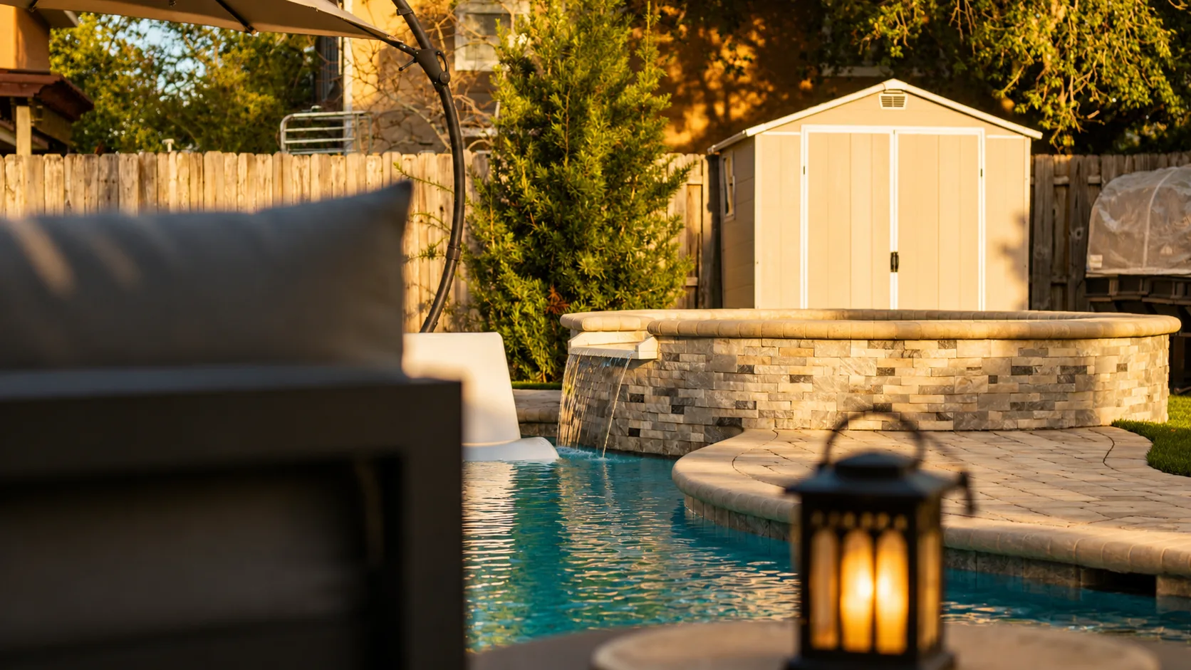 Poolside living space beside a custom Neway Pools pool