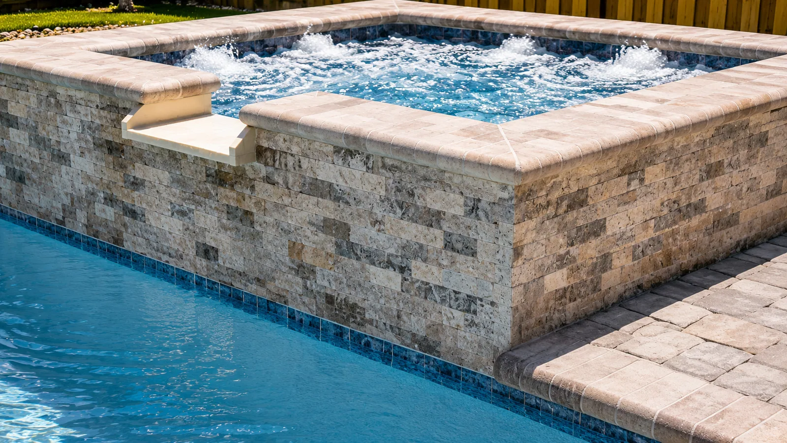 Raised spa with a spillway into a custom Neway pool Raised spa with a spillway into a custom Neway pool