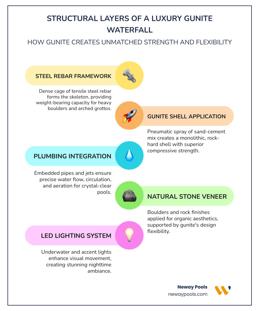 Structural layers of a luxury gunite waterfall feature: rebar, shell, stone, plumbing, and LED lighting infographic Structural layers of a luxury gunite waterfall feature: rebar, shell, stone, plumbing, and LED lighting infographic