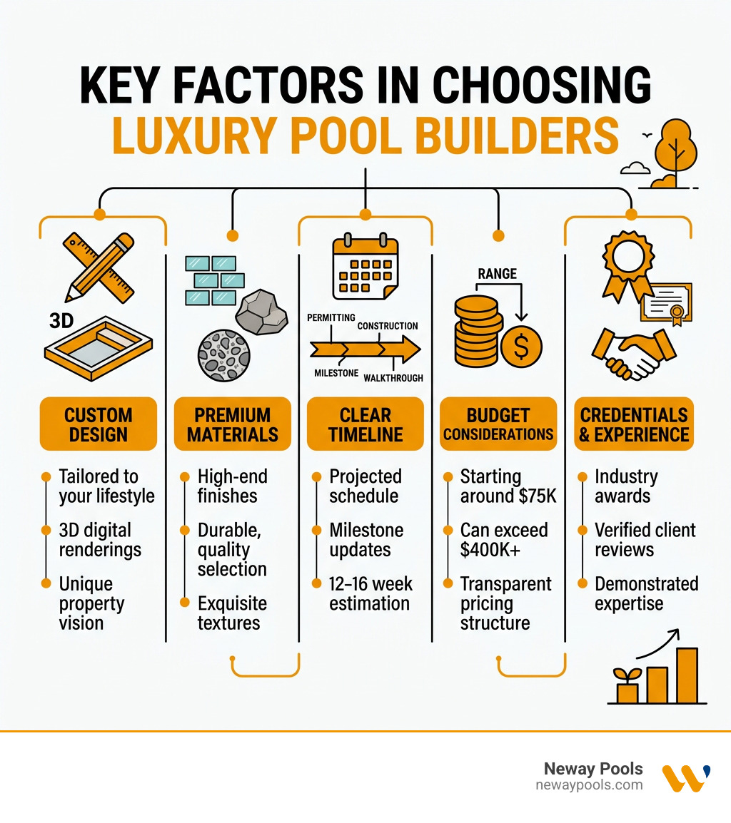 Infographic showing key factors in choosing luxury pool builders: custom design, materials, timeline, cost range, and