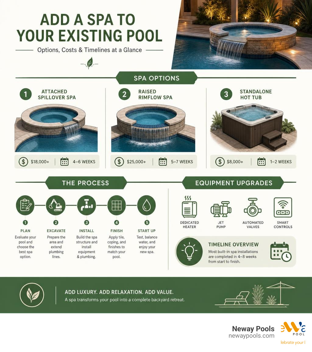 Steps and options for adding a spa to an existing pool: types, costs, and timelines overview infographic