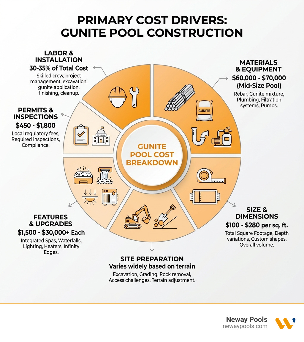 infographic showing the primary cost drivers for a gunite pool: a pie chart or breakdown visual with sections for Size & Dimensions (square footage and depth), Labor & Installation (30-35% of total), Materials & Equipment (rebar, gunite, plumbing, filtration), Site Preparation (excavation, grading, rock removal), Features & Upgrades (spas, waterfalls, lighting, heaters), and Permits & Inspections, with approximate cost ranges or percentages for each category - cost to build a gunite pool infographic 