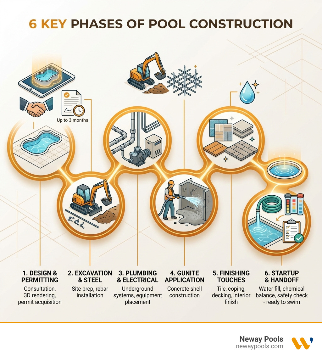 infographic showing the 6 key phases of pool construction: 1. Design & Permitting (consultation, 3D rendering, permit acquisition - up to 3 months), 2. Excavation & Steel (site prep, rebar installation), 3. Plumbing & Electrical (underground systems, equipment placement), 4. Gunite Application (concrete shell construction), 5. Finishing Touches (tile, coping, decking, interior finish), 6. Startup & Handoff (water fill, chemical balance, safety check - ready to swim) - pool builders Alpharetta infographic 