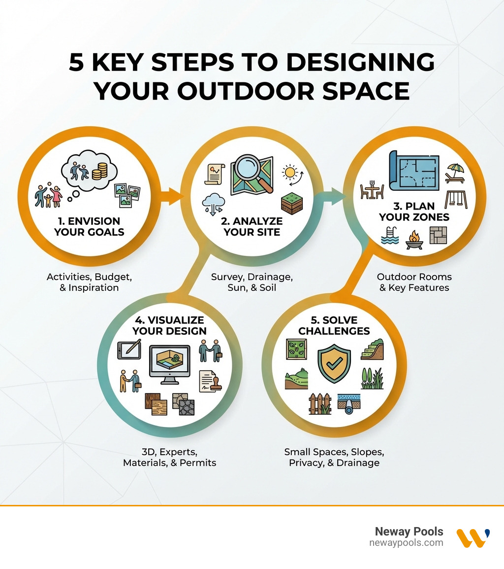 Infographic showing the 5 key steps to designing an outdoor space: 1. Envision Your Goals with family activities, budget, and inspiration sources; 2. Analyze Your Site including property survey, drainage, sun patterns, and soil type; 3. Plan Your Zones by creating outdoor rooms for dining, lounging, play areas, and selecting features like pools, fire pits, and patios; 4. Visualize Your Design using 3D software or professional help, material selection, and permits; 5. Solve Challenges addressing small spaces, slopes, privacy, and drainage with solutions like vertical gardens, terracing, and strategic planting - Design outdoor space infographic 