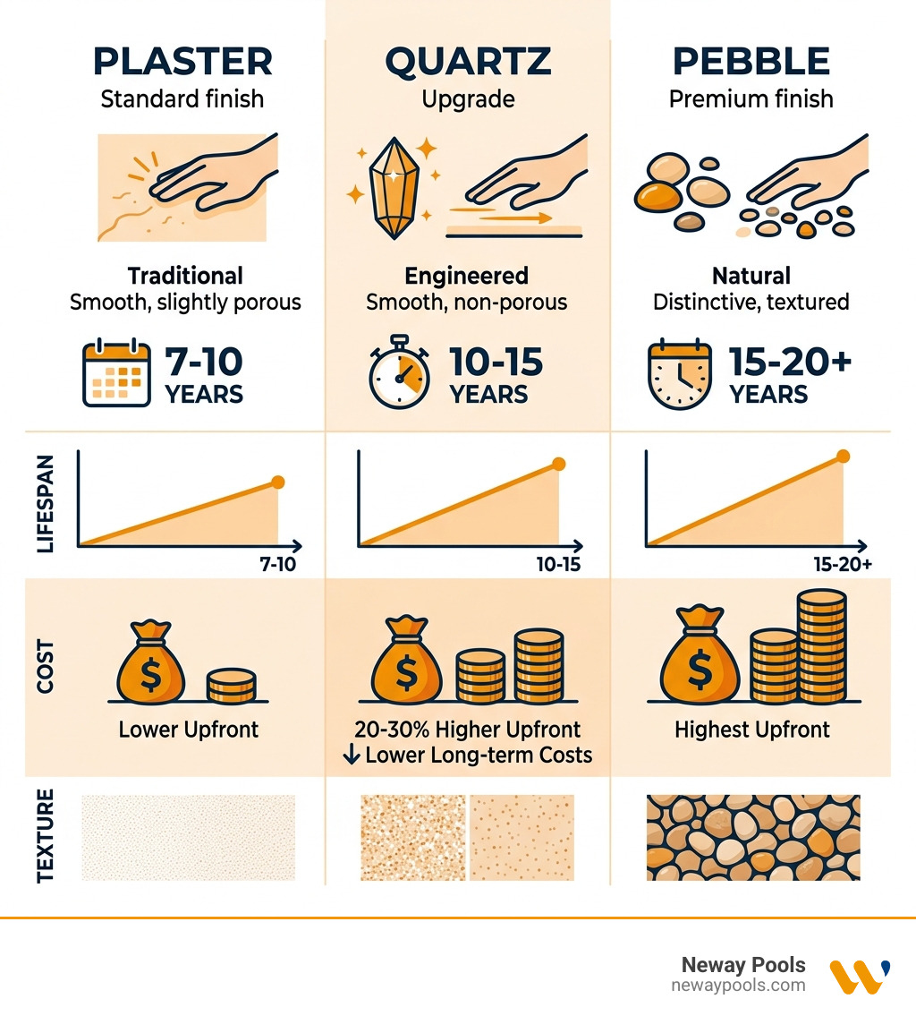 Infographic comparing lifespan, cost, and texture of plaster, quartz, and pebble pool finishes - quartz pool finish upgrade