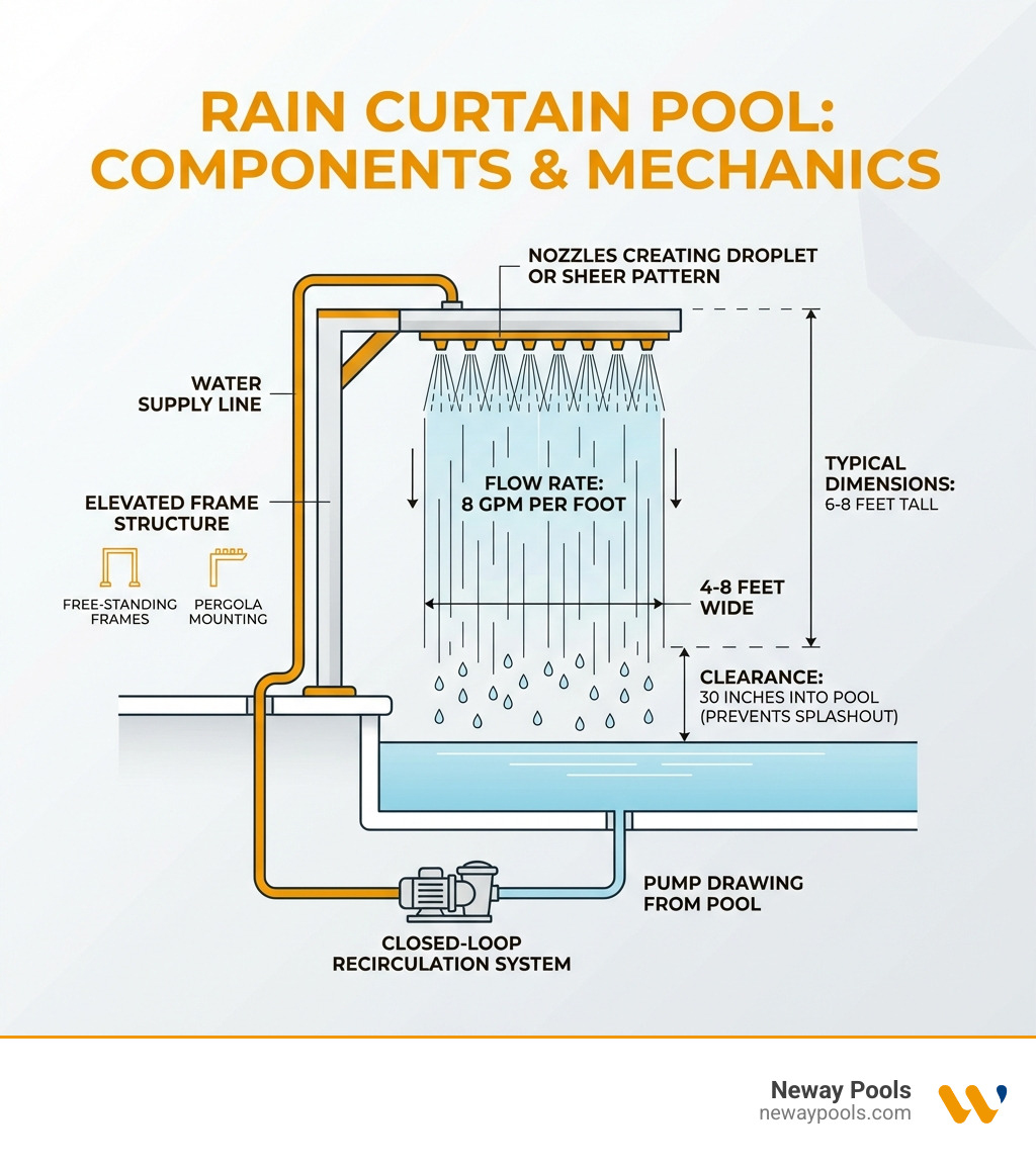 infographic showing rain curtain pool components: elevated frame structure with water supply line, nozzles creating droplet or sheer pattern, closed-loop recirculation system with pump drawing from pool, typical dimensions of 6-8 feet tall and 4-8 feet wide, flow rate of 8 GPM per foot, clearance of 30 inches into pool to prevent splashout, and integration options including free-standing frames or pergola mounting - Rain curtain pool infographic 