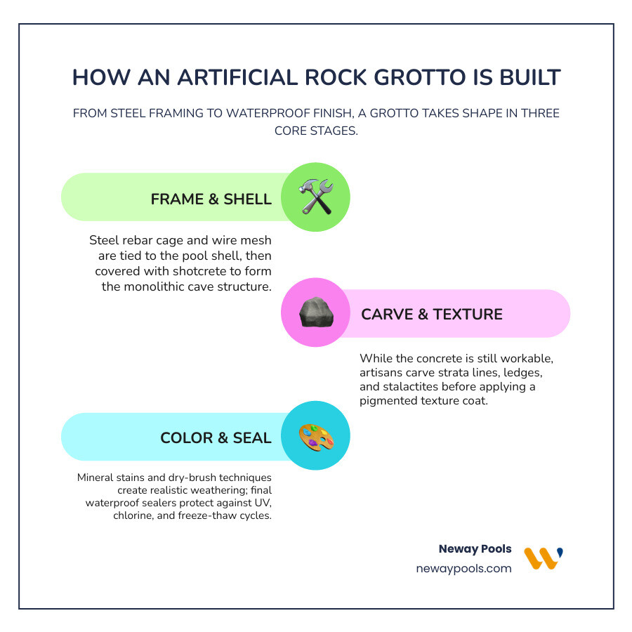 Step-by-step overview of how to build an artificial rock grotto for a swimming pool infographic