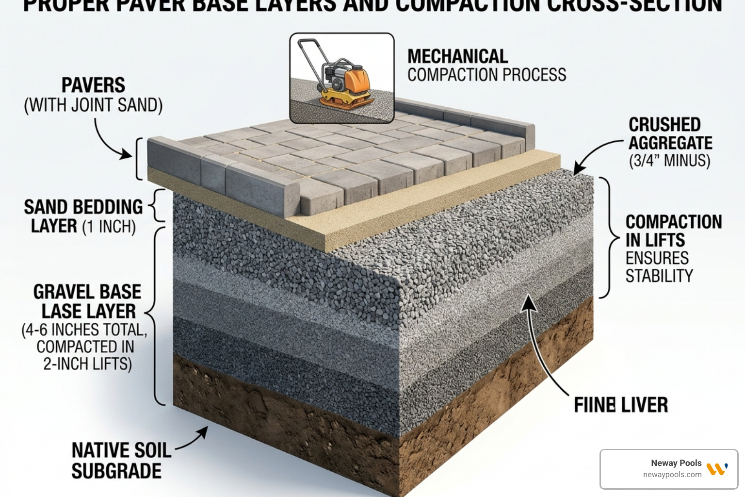 Diagram showing proper paver base layers and compaction - hardscape warranty pool builder Diagram showing proper paver base layers and compaction - hardscape warranty pool builder