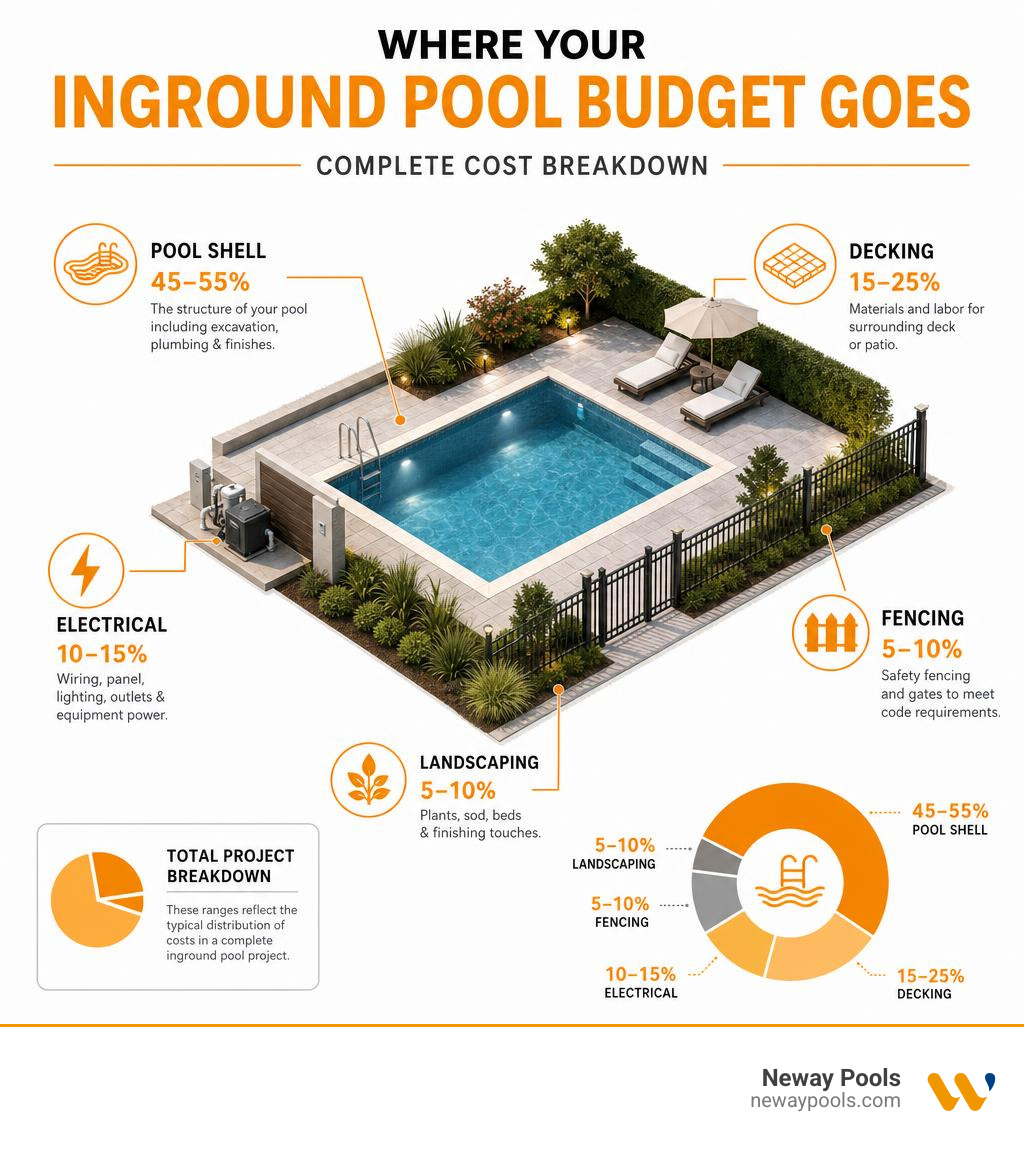 Breakdown of inground pool construction costs including shell, decking, electrical, fencing, and landscaping infographic