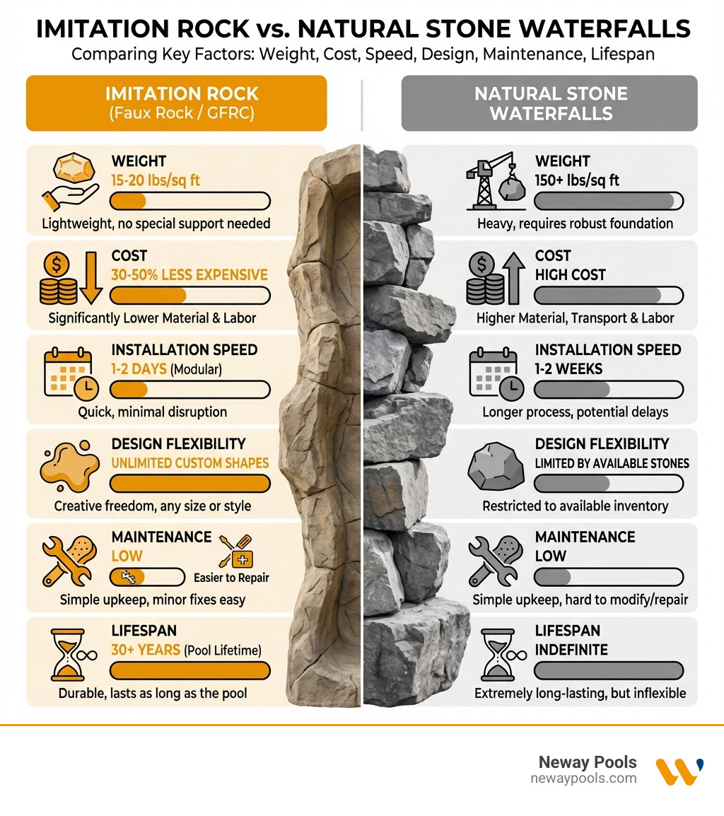 Infographic comparing imitation rock waterfalls vs natural stone: Weight (GFRC 15-20 lbs per sq ft vs Natural Rock 150+ lbs per sq ft), Cost (Faux Rock 30-50% less expensive), Installation Speed (Modular faux rock 1-2 days vs Natural rock 1-2 weeks), Design Flexibility (Faux rock unlimited custom shapes vs Natural rock limited by available stones), Maintenance (Both low maintenance, faux rock easier to repair), Lifespan (GFRC lifetime of pool 30+ years, Natural rock indefinite but harder to modify) - imitation rock waterfalls infographic 