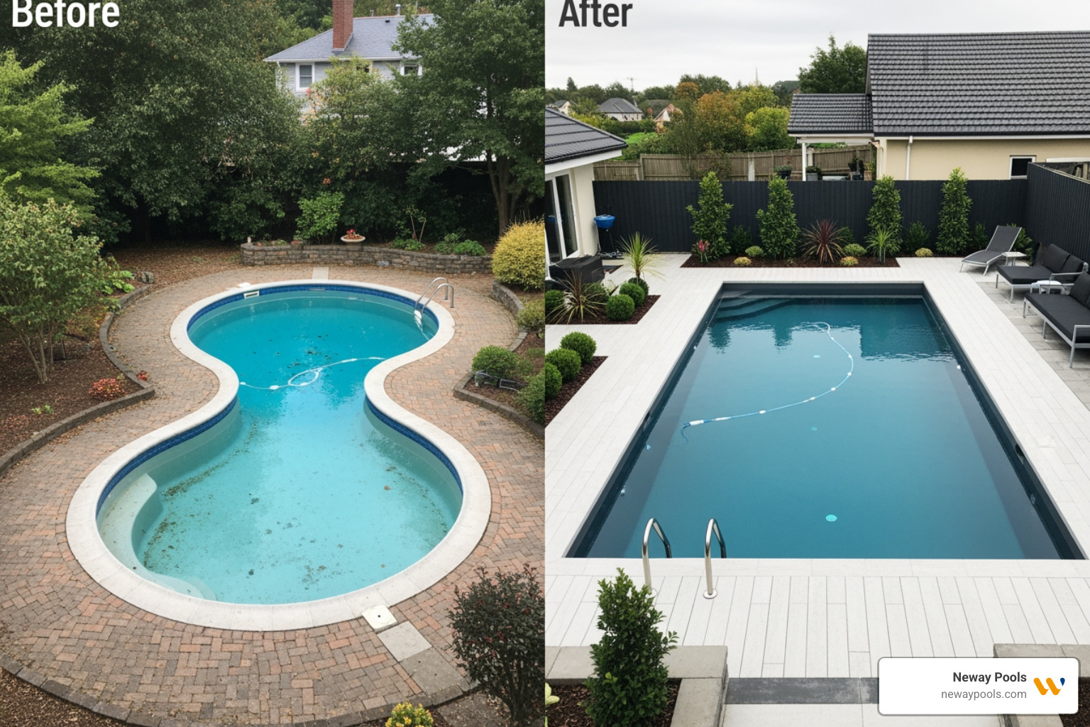 A figure-8 pool transformed into a sleek rectangular design with modern decking - backyard pool makeovers before and after A figure-8 pool transformed into a sleek rectangular design with modern decking - backyard pool makeovers before and after