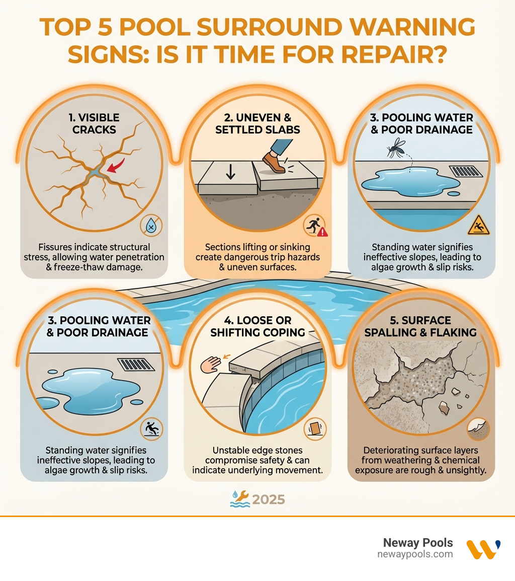 Infographic explaining the top 5 warning signs that your pool surround needs repair, such as cracks, uneven slabs, and pooling water - pool surround repairs infographic 