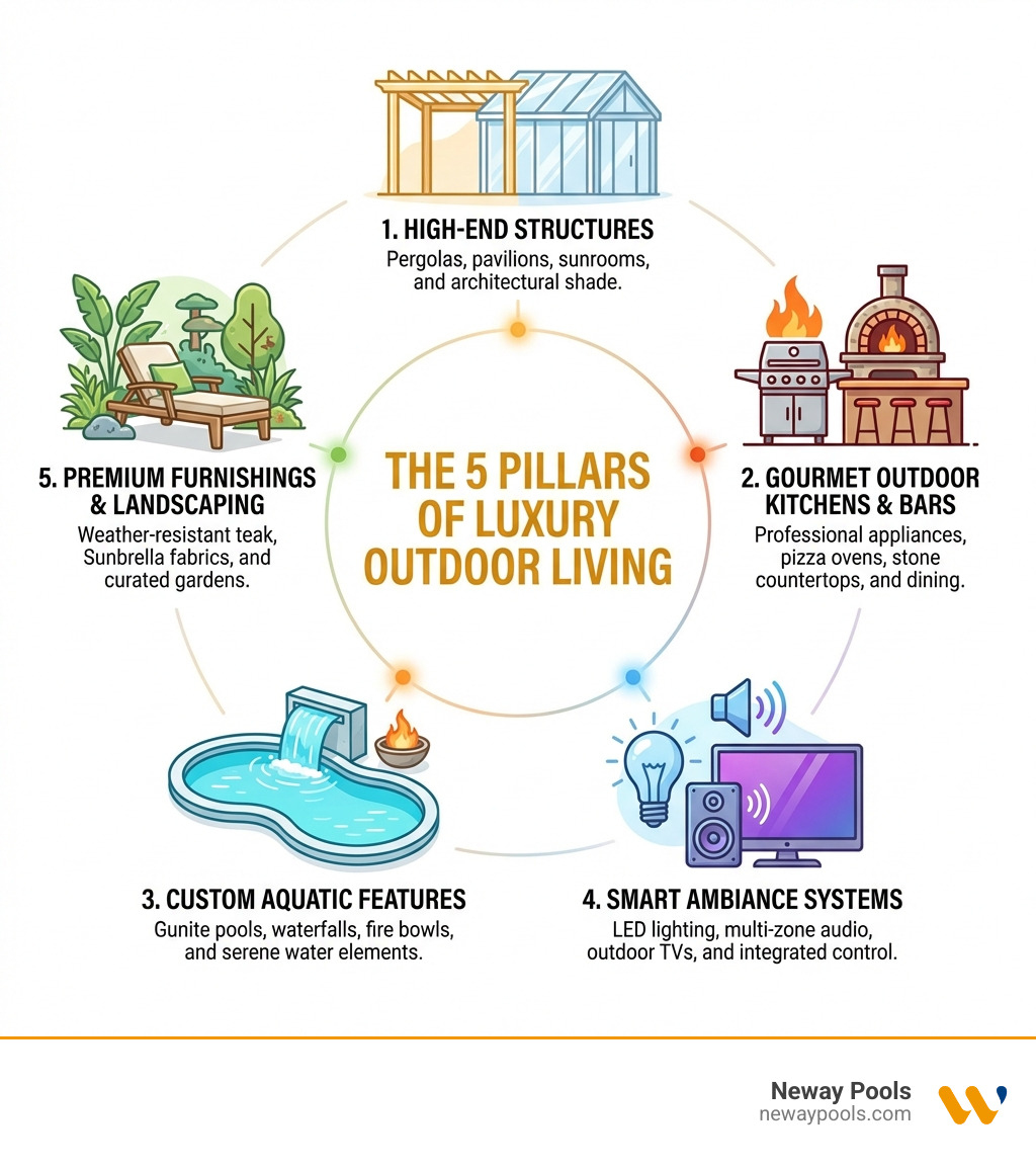 Infographic showing the 5 pillars of luxury outdoor living: 1. High-End Structures (pergolas, pavilions, sunrooms), 2. Gourmet Outdoor Kitchens and Bars (professional appliances, pizza ovens, stone countertops), 3. Custom Aquatic Features (gunite pools, waterfalls, fire bowls), 4. Smart Ambiance Systems (LED lighting, multi-zone audio, outdoor TVs), 5. Premium Furnishings and Landscaping (weather-resistant teak, Sunbrella fabrics, themed gardens) — each pillar illustrated with a clean icon and a one-line description - Luxury outdoor living infographic 