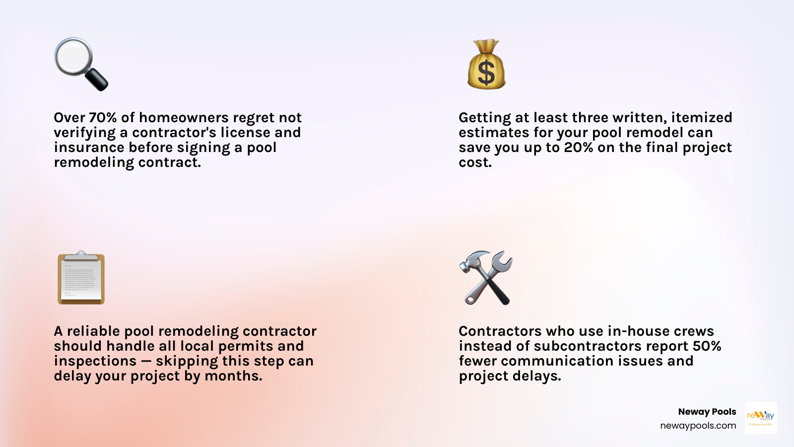 Pool remodeling contractor selection checklist — costs, timelines, finishes, and contractor criteria infographic