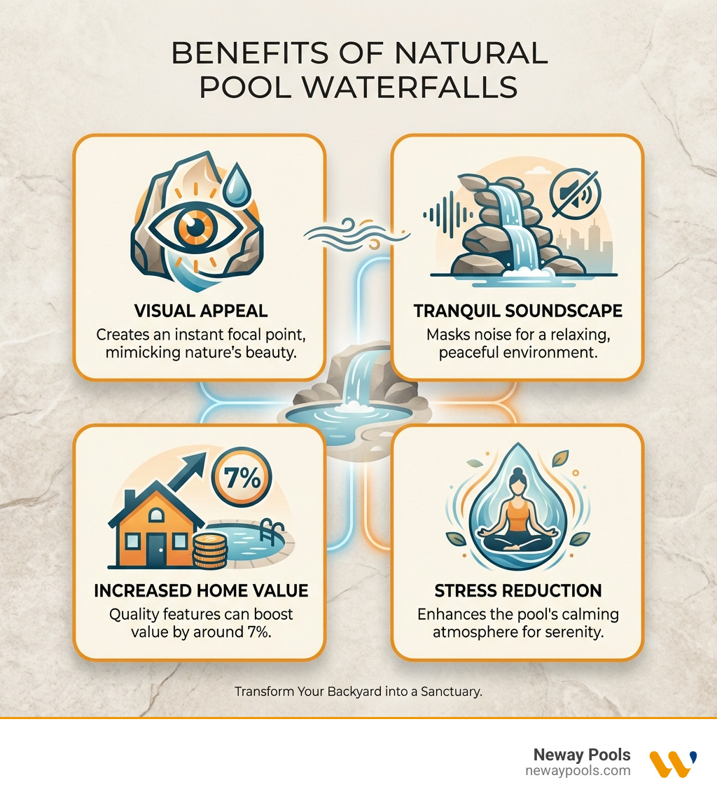 Infographic showing the top 4 benefits of pool waterfalls: Visual Appeal with a focal point icon, Tranquil Soundscape with sound waves icon, Increased Home Value showing 7% increase, and Stress Reduction with a relaxation icon - Natural rock waterfalls infographic 
