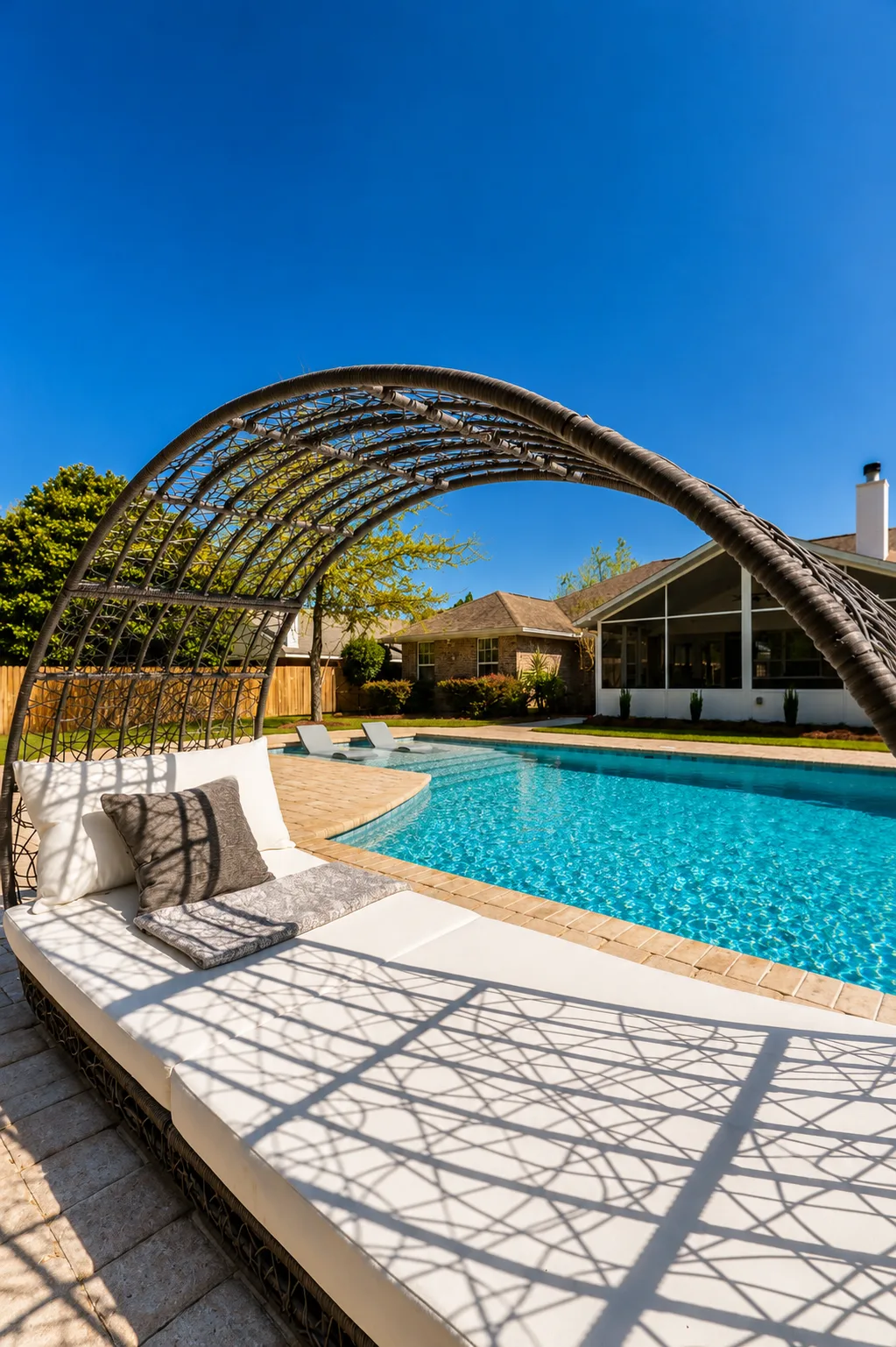Aerial view of a custom backyard pool built by Neway Pools