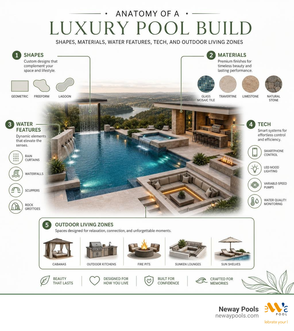 Anatomy of a luxury pool build: shapes, materials, water features, tech, and outdoor living zones infographic