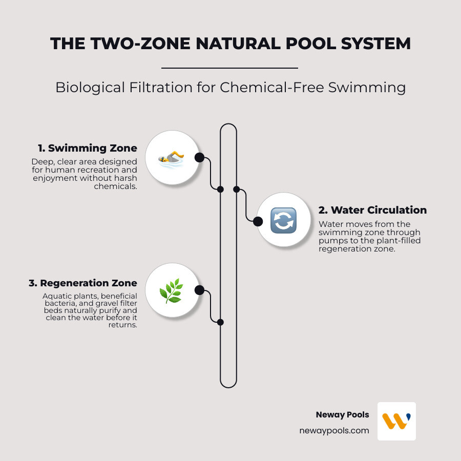 Infographic showing the two-zone system of a natural pool: the left side depicts the swimming zone as a deep, clear blue area for recreation, and the right side shows the regeneration zone as a shallow area filled with aquatic plants like water lilies, reeds, and irises growing in gravel beds, with arrows indicating water circulation from the swimming zone through the plant zone where beneficial bacteria and plant roots filter and purify the water before returning it to the swimming area - small natural pools infographic infographic-line-3-steps-elegant_beige