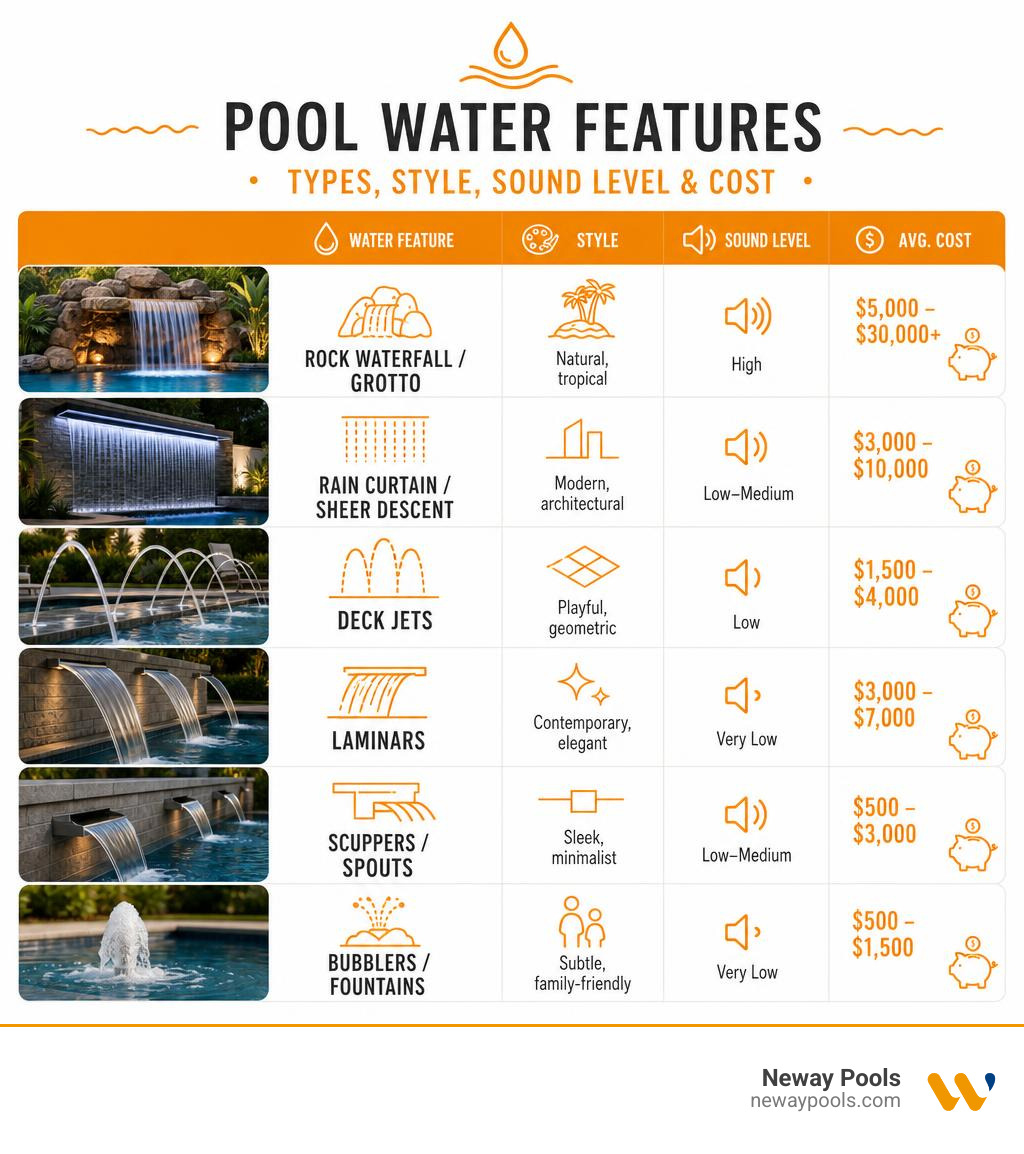 Infographic showing types of pool water features, style, sound level, and cost ranges infographic Infographic showing types of pool water features, style, sound level, and cost ranges infographic