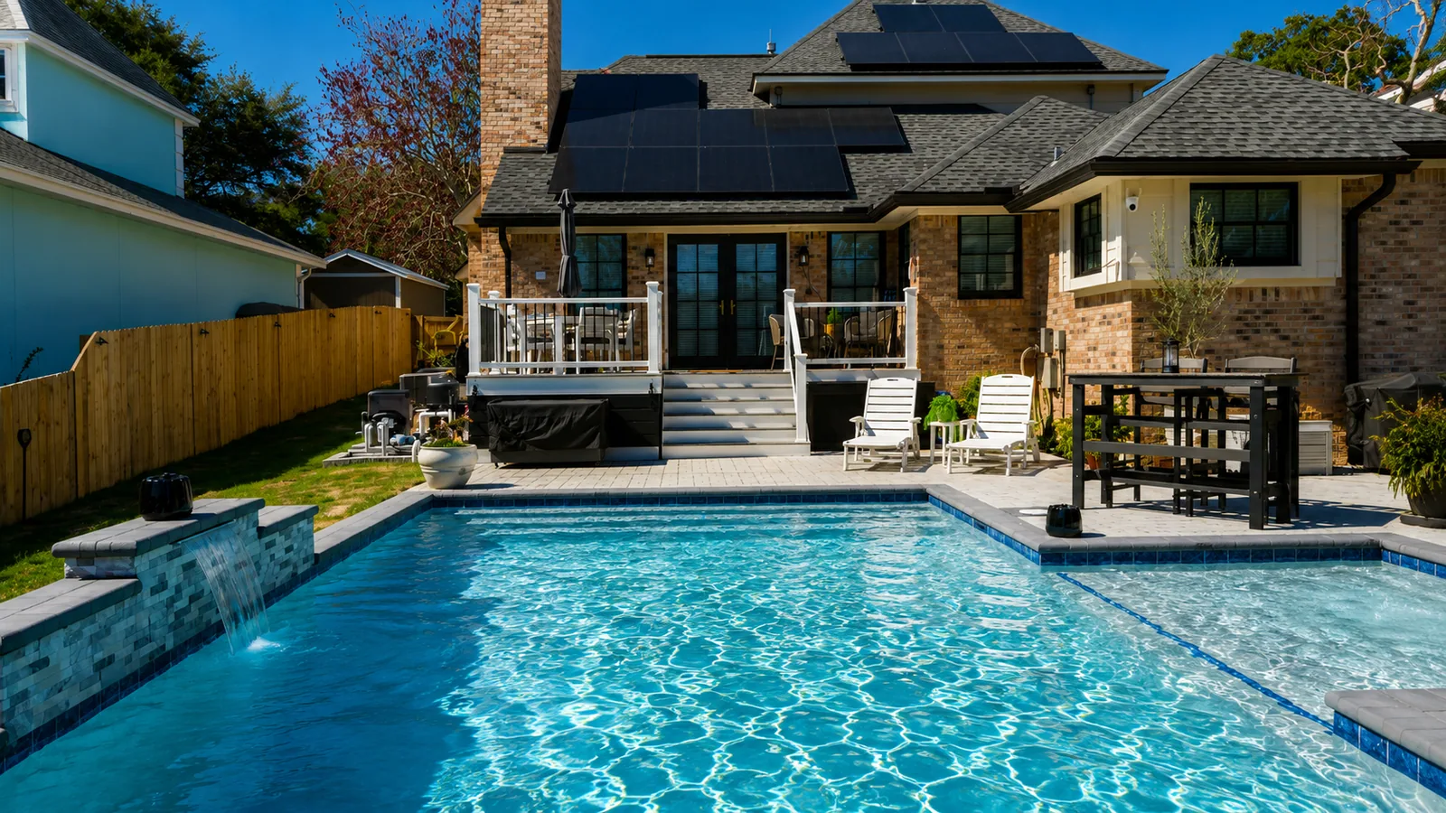 Custom rectangular swimming pool with paver decking Custom rectangular swimming pool with paver decking