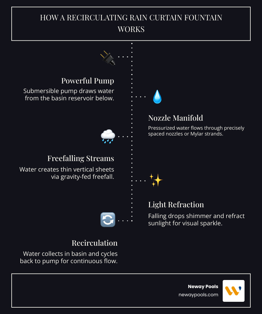 Infographic explaining how a recirculating rain curtain custom fountain works, including pump, nozzles, strands, and basin