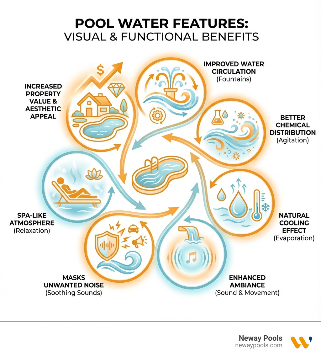 Infographic showing benefits of pool water features: improved water circulation with fountain systems, enhanced ambiance through sound and movement, natural cooling effect from water evaporation, masking unwanted neighborhood noise with soothing water sounds, increased property value and aesthetic appeal, better chemical distribution through water agitation, and spa-like atmosphere for relaxation - water feature for pool area infographic 