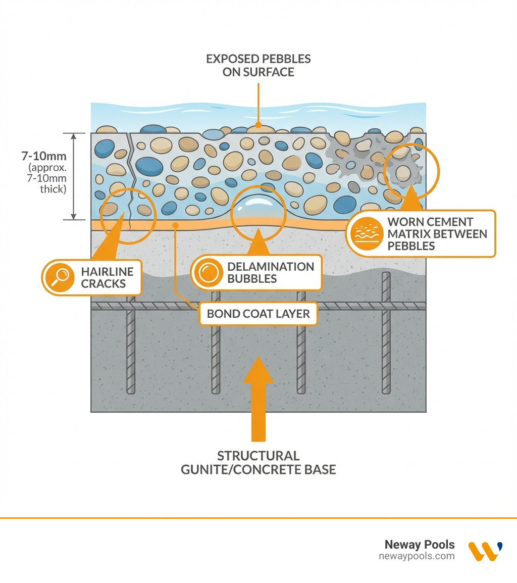 Detailed infographic showing cross-section of a gunite pool shell with layers labeled: structural gunite/concrete base, bond coat layer, pebblecrete aggregate finish approximately 7-10mm thick, and exposed pebbles on surface. Includes common problem areas like hairline cracks, delamination bubbles, and worn cement matrix between pebbles. - pebblecrete pool repairs infographic Detailed infographic showing cross-section of a gunite pool shell with layers labeled: structural gunite/concrete base, bond coat layer, pebblecrete aggregate finish approximately 7-10mm thick, and exposed pebbles on surface. Includes common problem areas like hairline cracks, delamination bubbles, and worn cement matrix between pebbles. - pebblecrete pool repairs infographic