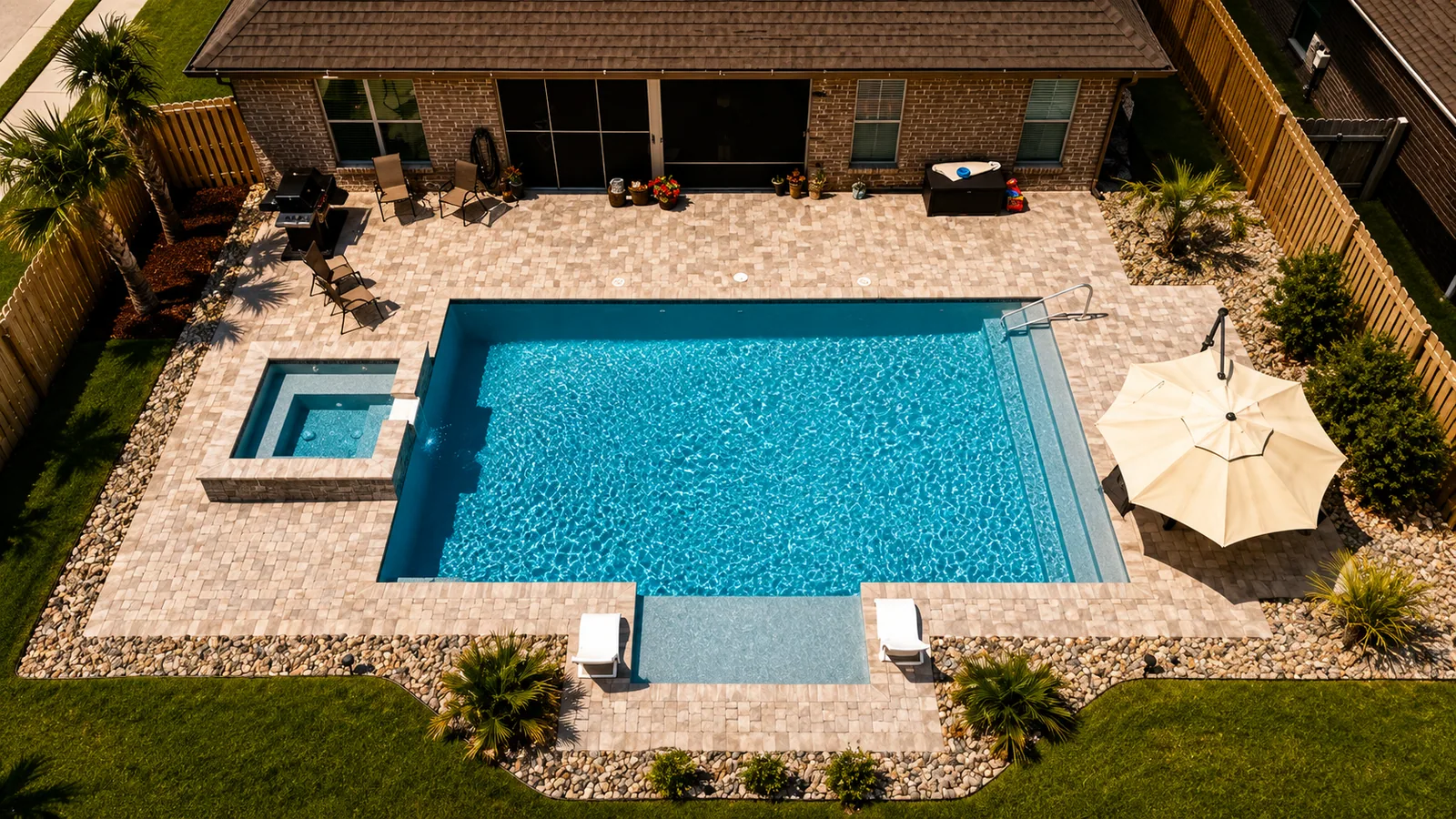 Aerial view of a custom backyard pool built by Neway Pools