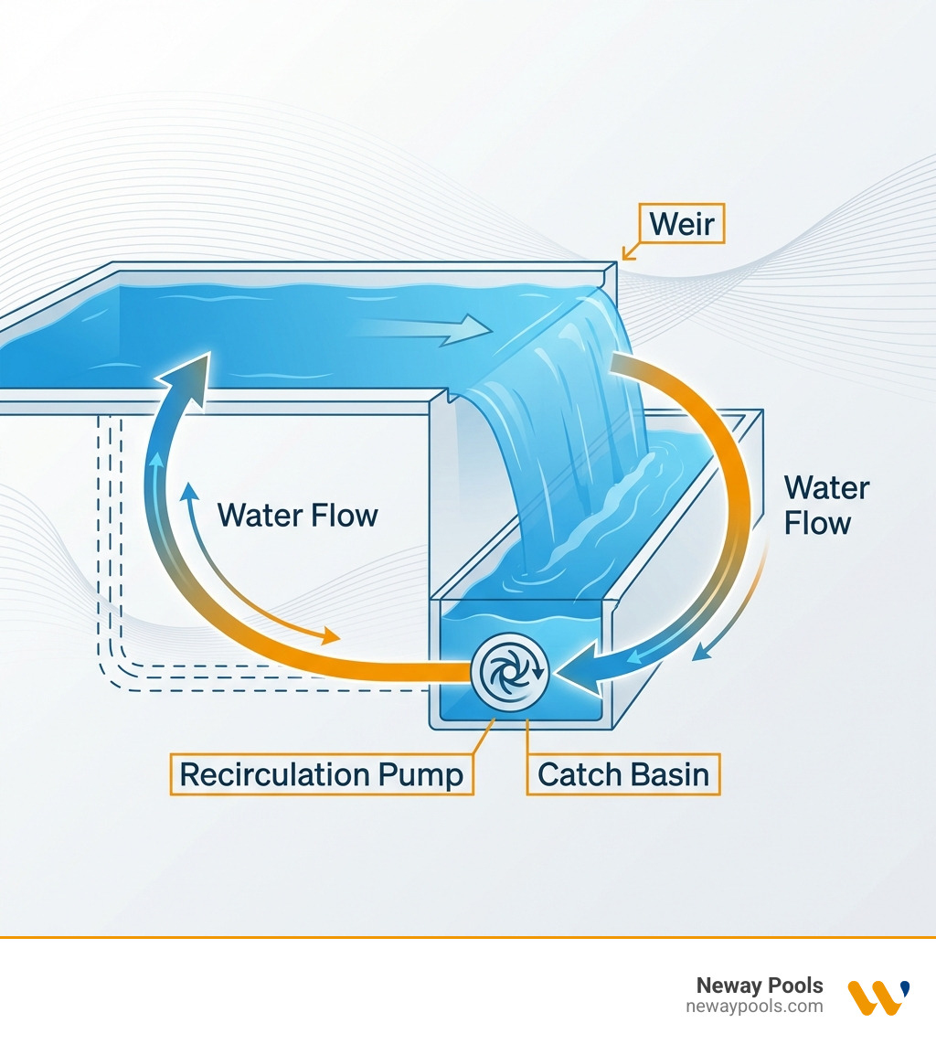 detailed infographic showing infinity pool mechanics with labeled weir, catch basin, recirculation pump, and water flow arrows demonstrating how water overflows the edge and returns to the main pool - infinity edge pools infographic detailed infographic showing infinity pool mechanics with labeled weir, catch basin, recirculation pump, and water flow arrows demonstrating how water overflows the edge and returns to the main pool - infinity edge pools infographic