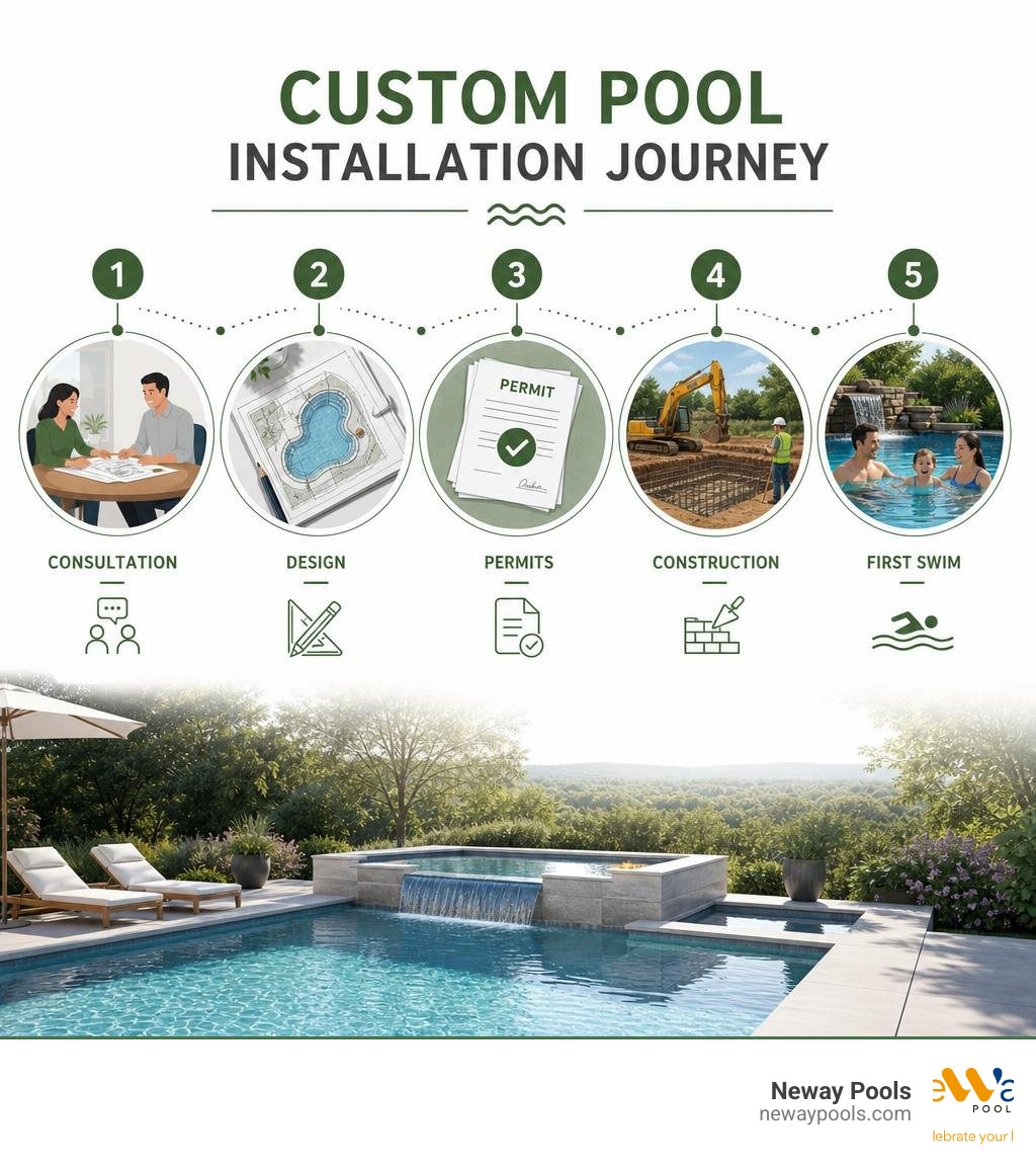 Custom pool installation journey infographic: consultation, design, permits, construction, first swim infographic