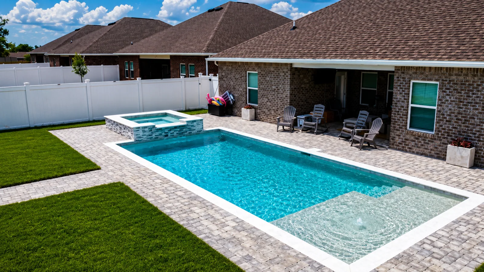 Aerial view of a custom backyard pool built by Neway Pools Aerial view of a custom backyard pool built by Neway Pools