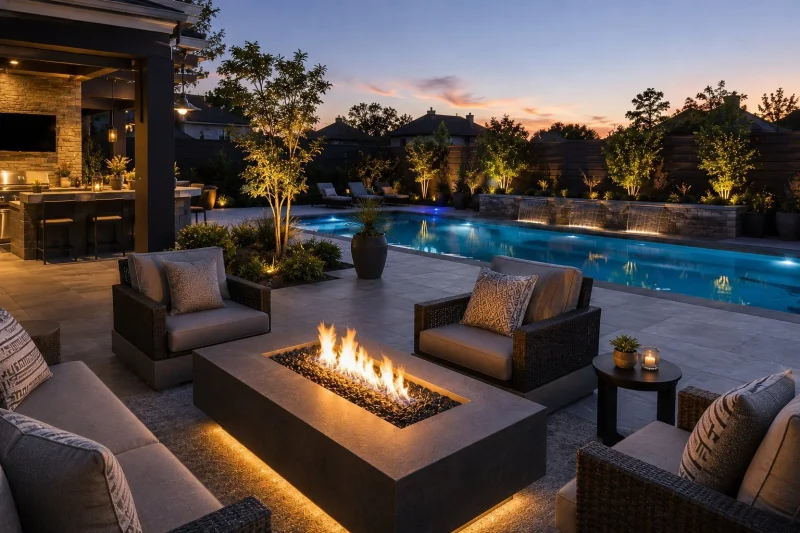 beautiful backyard representing pool fire feature cost