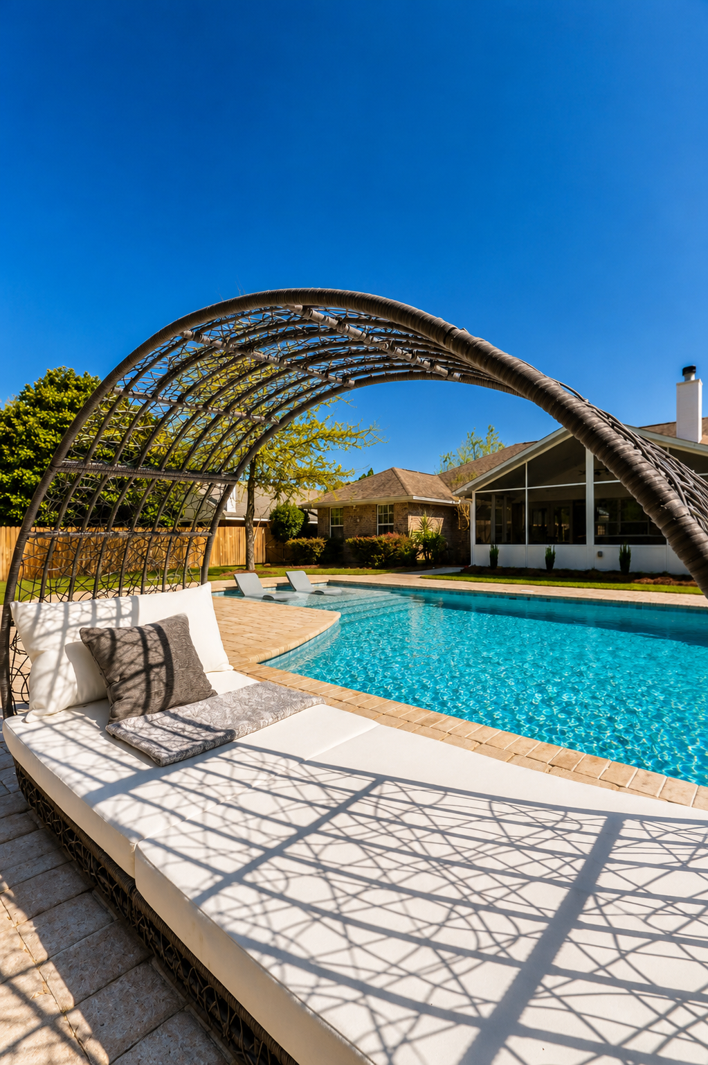 Poolside shaded lounge area beside a custom pool by Neway Pools Poolside shaded lounge area beside a custom pool by Neway Pools