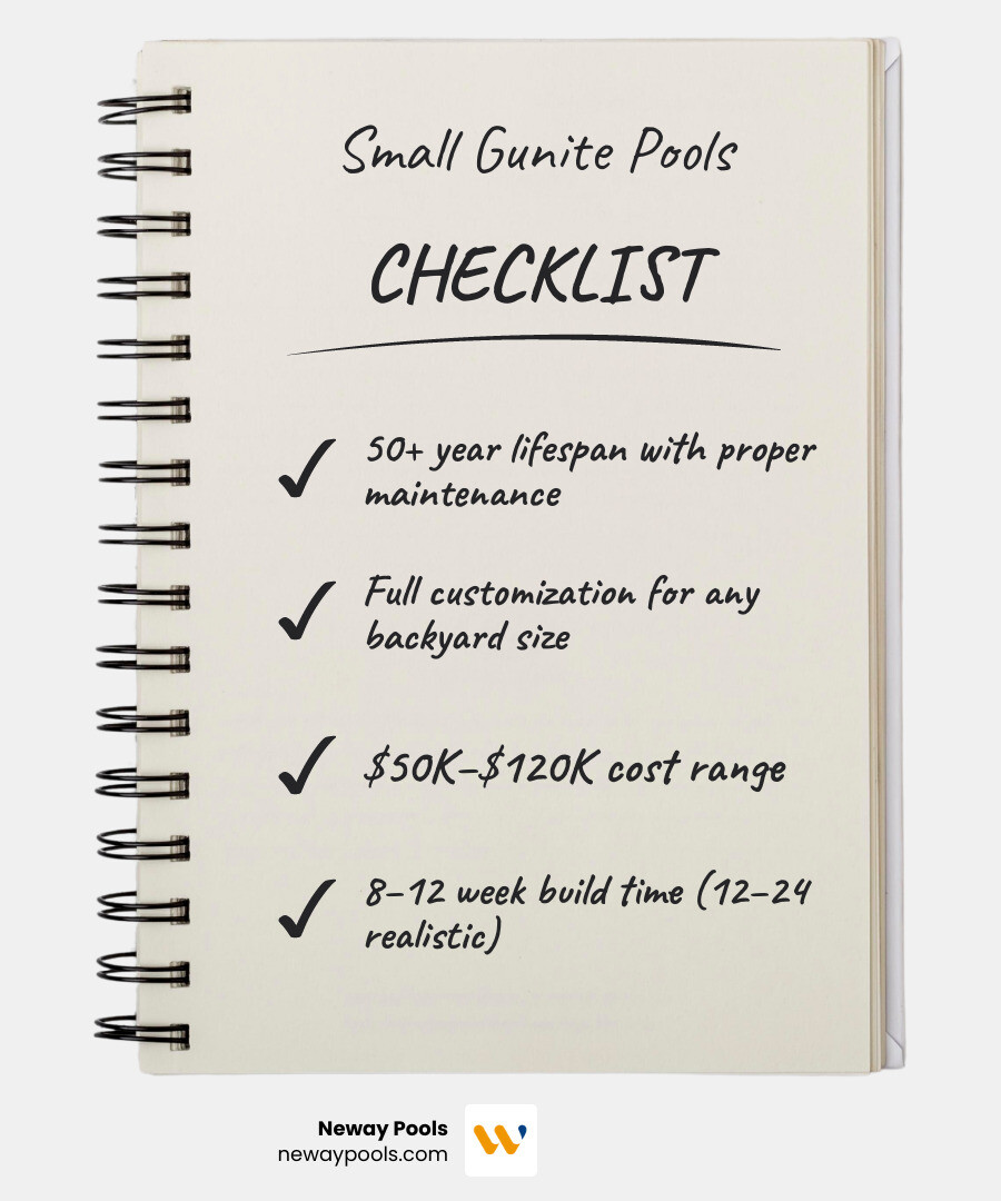 Benefits of small gunite pools infographic: cost, lifespan, customization, energy efficiency, property value - small gunite Benefits of small gunite pools infographic: cost, lifespan, customization, energy efficiency, property value - small gunite