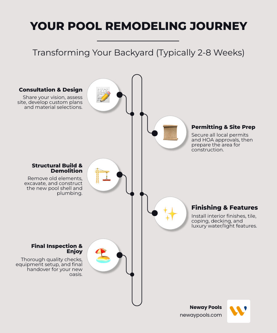 infographic showing the pool remodeling process from initial consultation through design, permitting, demolition, construction, resurfacing, and final inspection with typical timelines of 2-8 weeks and key decision points for homeowners - pool remodeling company near me infographic infographic-line-5-steps-elegant_beige infographic showing the pool remodeling process from initial consultation through design, permitting, demolition, construction, resurfacing, and final inspection with typical timelines of 2-8 weeks and key decision points for homeowners - pool remodeling company near me infographic infographic-line-5-steps-elegant_beige