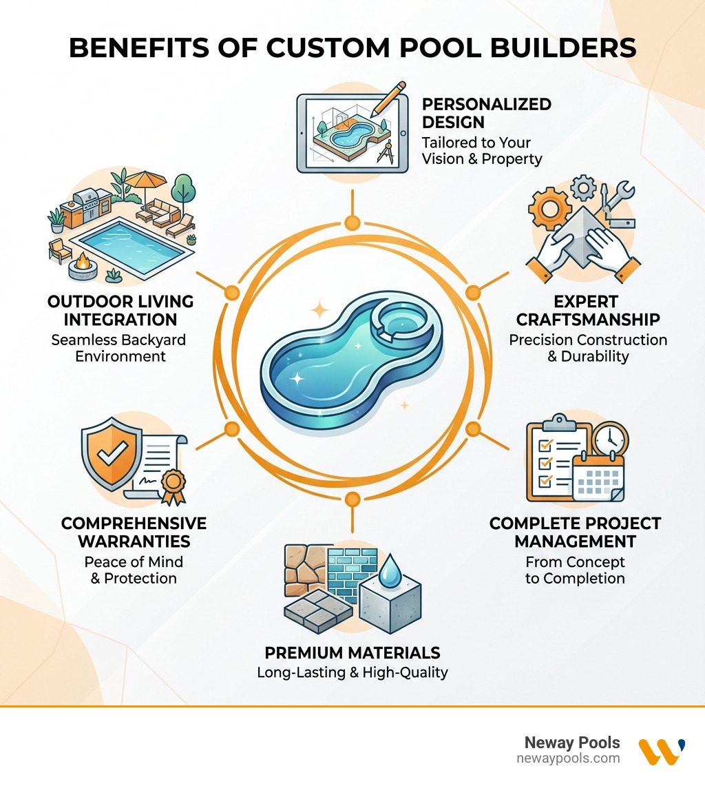 infographic showing benefits of custom pool builders including personalized design, expert craftsmanship, complete project management, premium materials, comprehensive warranties, and outdoor living integration - custom swimming pool builders infographic 