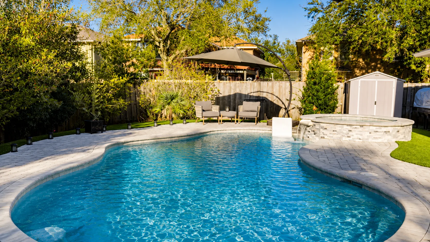 Completed custom swimming pool built by Neway Pools Completed custom swimming pool built by Neway Pools