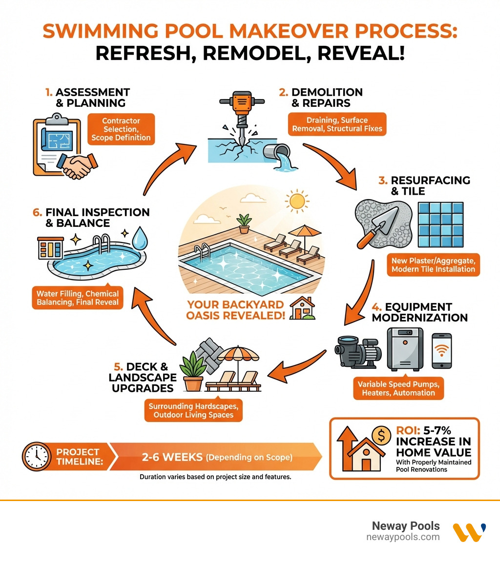 Infographic showing the swimming pool makeover process: 1) Assessment and planning phase with contractor selection, 2) Demolition and structural repairs including draining and surface removal, 3) Resurfacing with new plaster or aggregate finishes and tile installation, 4) Equipment modernization with pumps, heaters, and automation, 5) Deck and landscape upgrades surrounding the pool, 6) Final inspection, water filling, and chemical balancing. Timeline typically ranges from 2-6 weeks depending on project scope. ROI shows 5-7% increase in home value with properly maintained pool renovations. - swimming pool makeover infographic Infographic showing the swimming pool makeover process: 1) Assessment and planning phase with contractor selection, 2) Demolition and structural repairs including draining and surface removal, 3) Resurfacing with new plaster or aggregate finishes and tile installation, 4) Equipment modernization with pumps, heaters, and automation, 5) Deck and landscape upgrades surrounding the pool, 6) Final inspection, water filling, and chemical balancing. Timeline typically ranges from 2-6 weeks depending on project scope. ROI shows 5-7% increase in home value with properly maintained pool renovations. - swimming pool makeover infographic