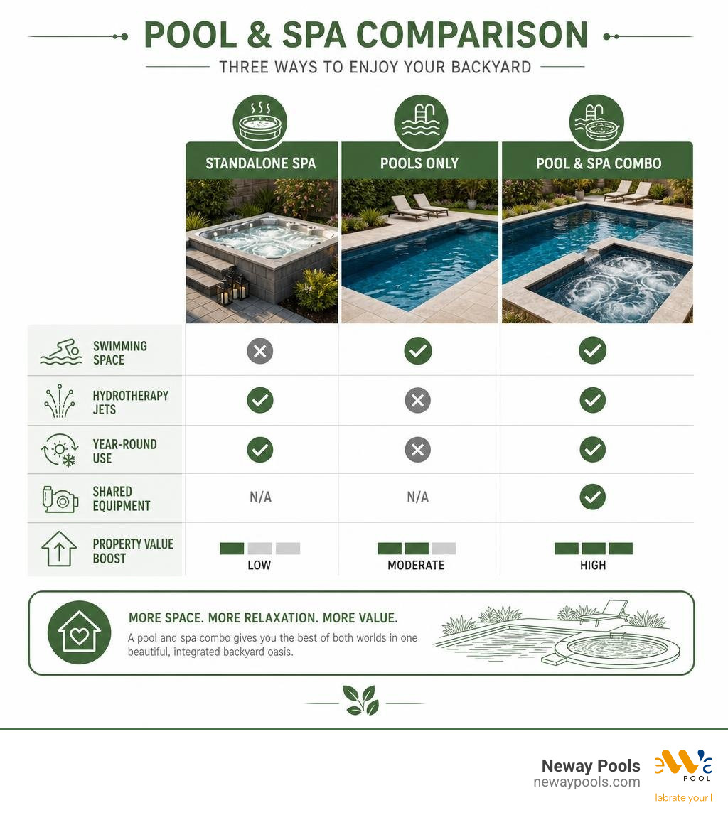 Infographic comparing standalone spas, pools only, and integrated pool and spa combos infographic Infographic comparing standalone spas, pools only, and integrated pool and spa combos infographic