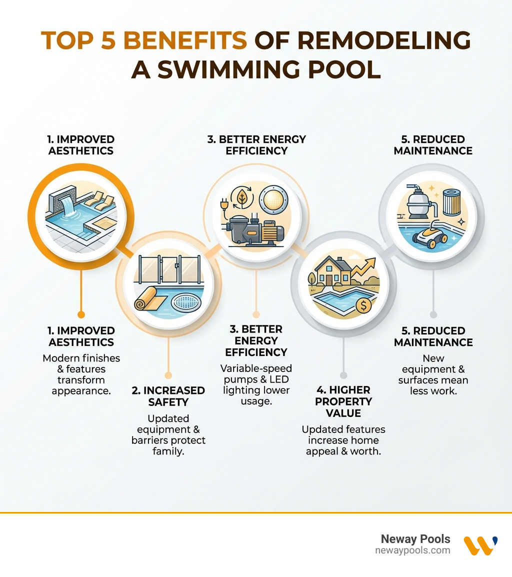 Infographic showing the top 5 benefits of remodeling a swimming pool: Improved Aesthetics with modern finishes and features, Increased Safety through updated equipment and barriers, Better Energy Efficiency with variable-speed pumps and LED lighting, Higher Property Value with updated pool features, and Reduced Maintenance from new equipment and surfaces - Swimming pool remodel NC infographic Infographic showing the top 5 benefits of remodeling a swimming pool: Improved Aesthetics with modern finishes and features, Increased Safety through updated equipment and barriers, Better Energy Efficiency with variable-speed pumps and LED lighting, Higher Property Value with updated pool features, and Reduced Maintenance from new equipment and surfaces - Swimming pool remodel NC infographic
