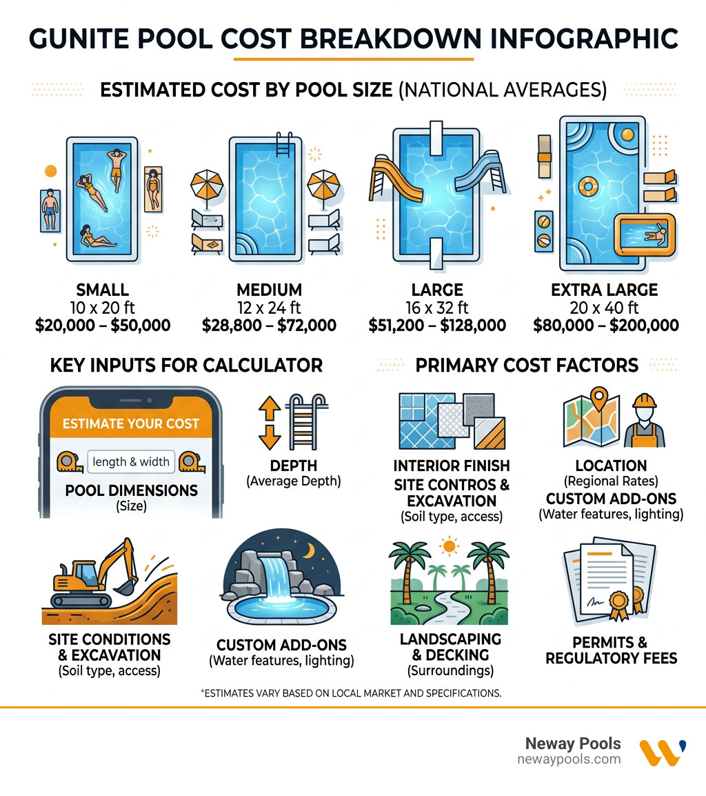 Gunite pool cost breakdown infographic showing average costs by size, key inputs for calculator, and cost factors - gunite