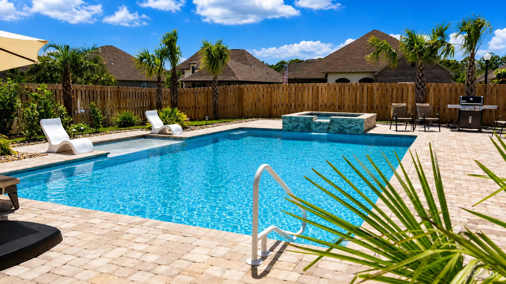 Aerial view of a custom backyard pool built by Neway Pools