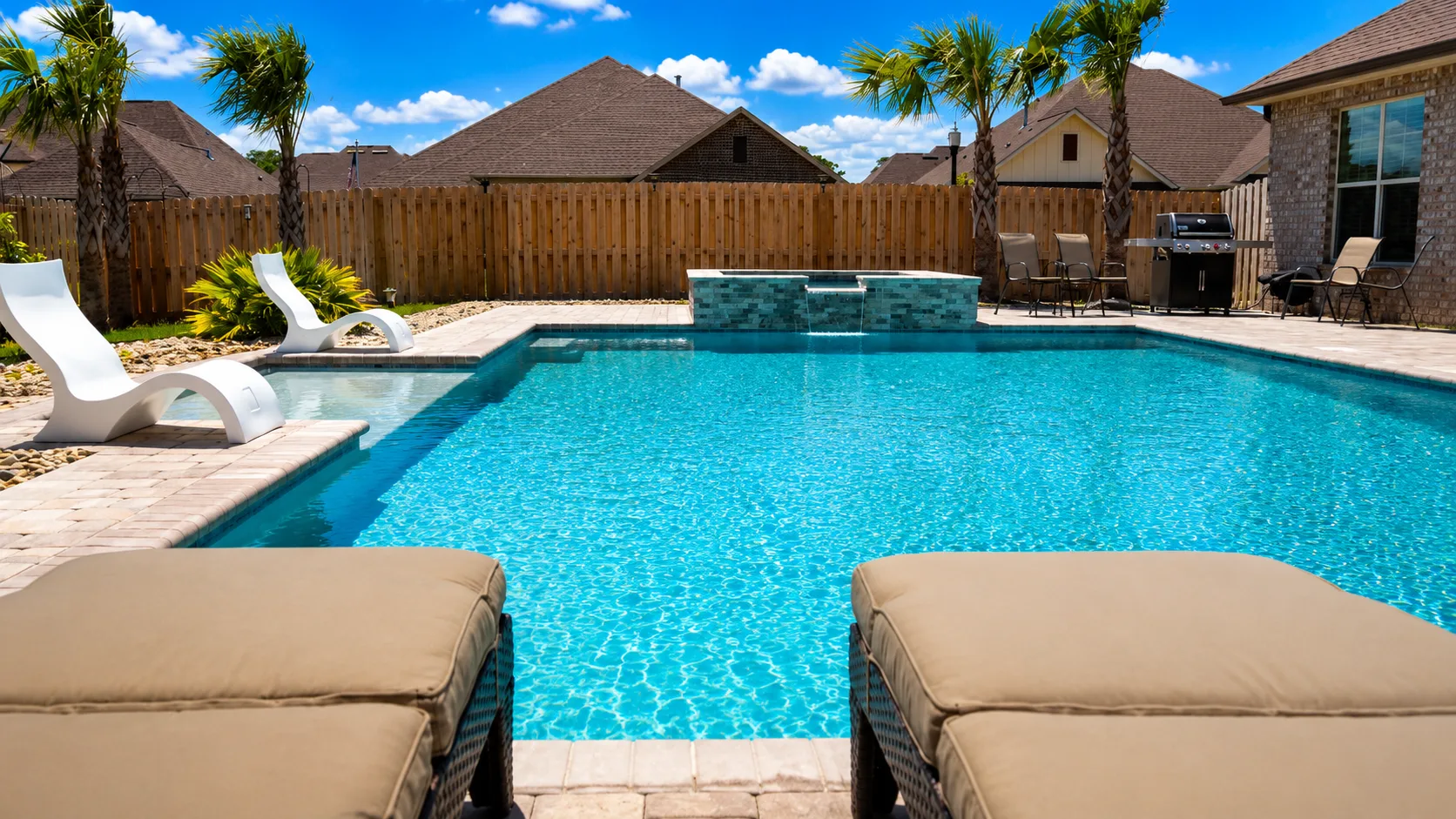 Aerial view of a custom backyard pool built by Neway Pools