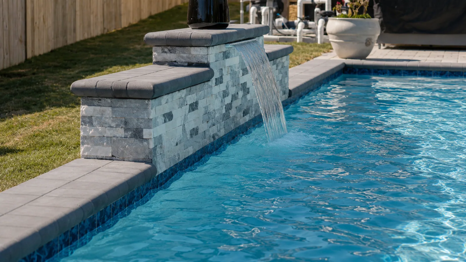 Water feature on a completed Neway Pools swimming pool