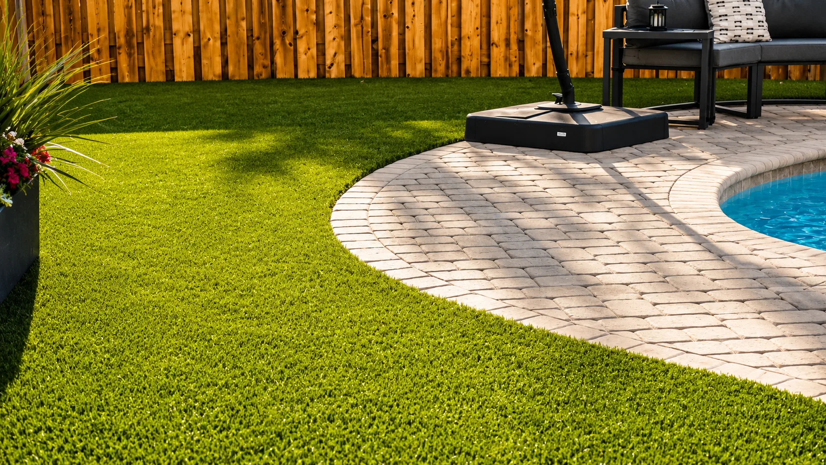 Paver pool decking on a completed Neway Pools project