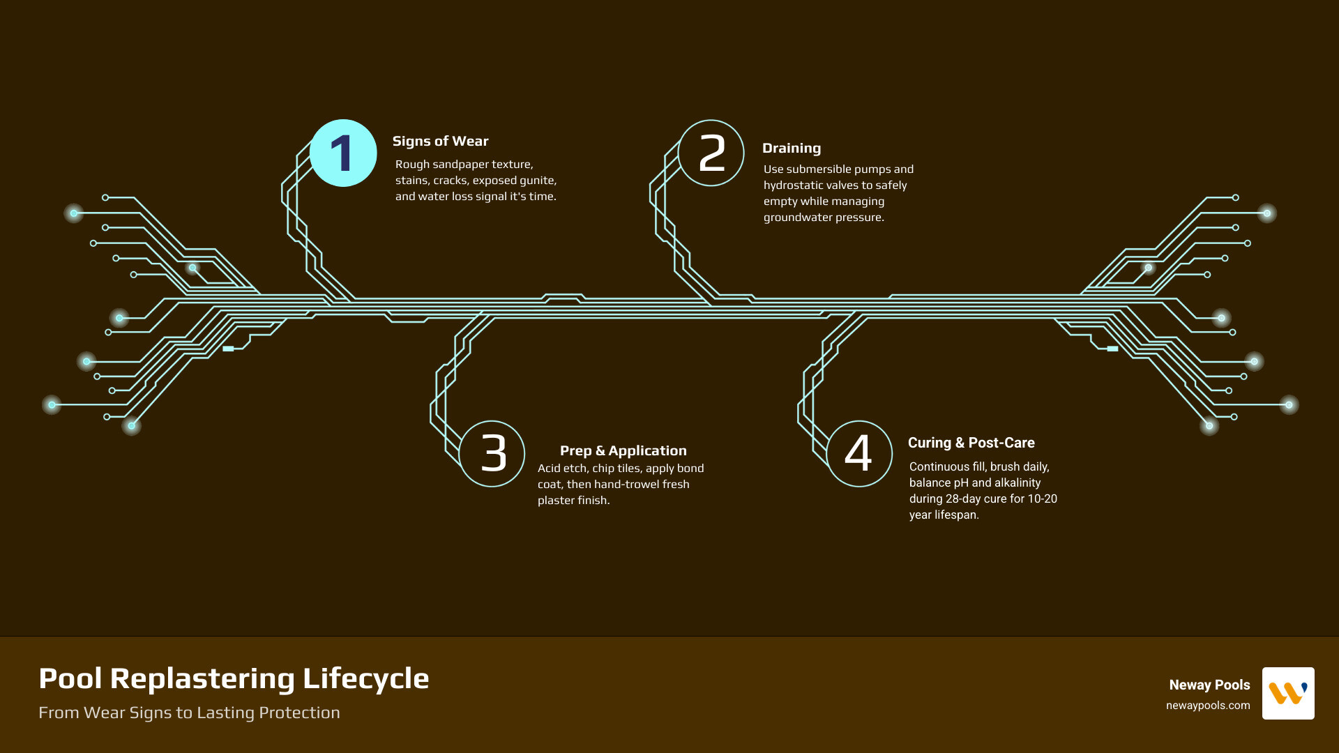 Pool replastering lifecycle infographic: signs of wear, draining, prep, application, curing, and post-care timeline