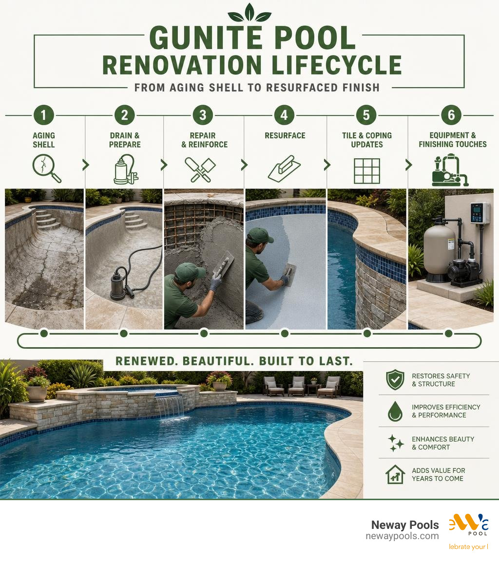 Gunite pool renovation lifecycle from aging shell to resurfaced finish infographic Gunite pool renovation lifecycle from aging shell to resurfaced finish infographic