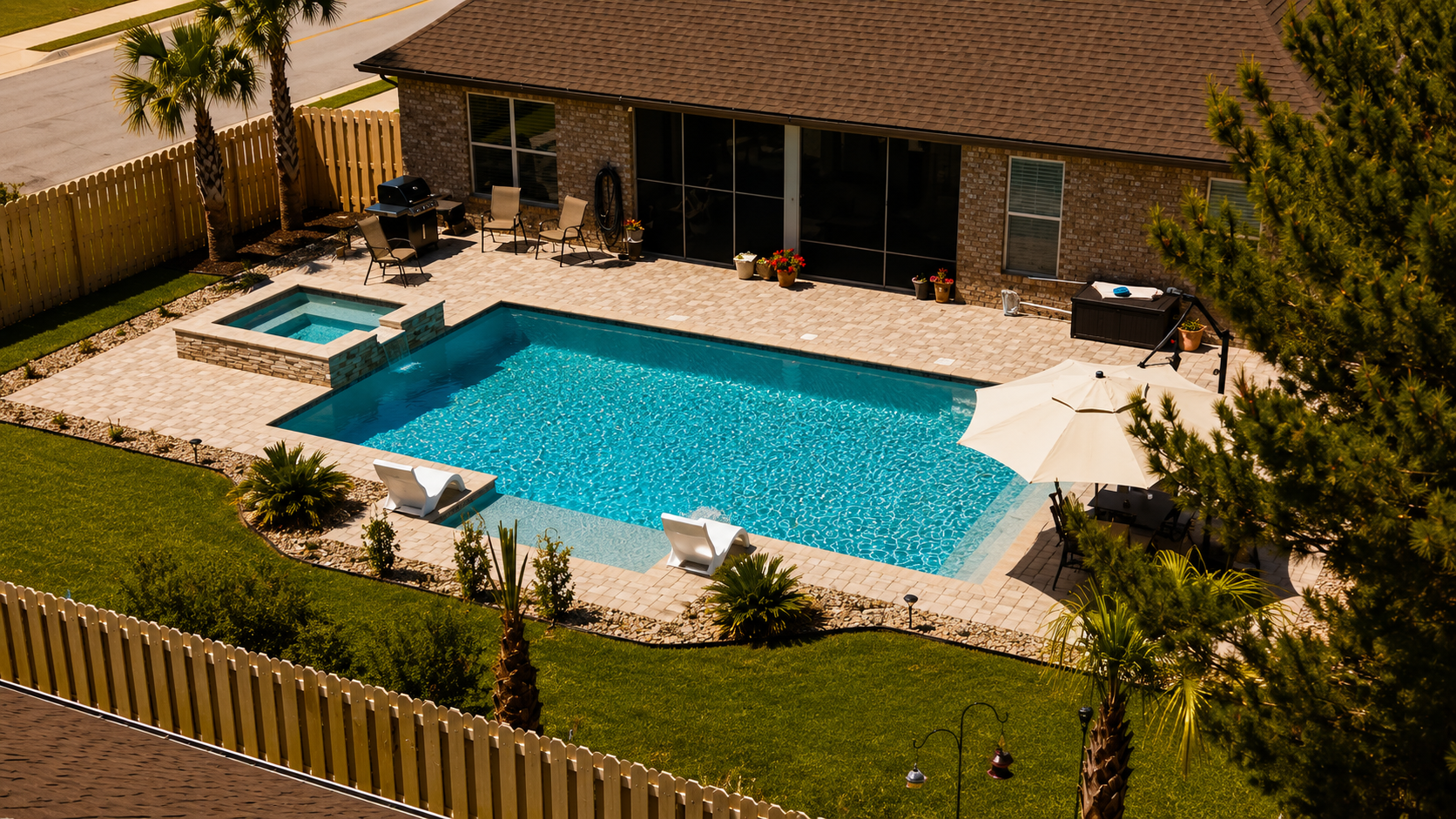 Aerial view of a Neway rectangular pool with spa and paver deck
