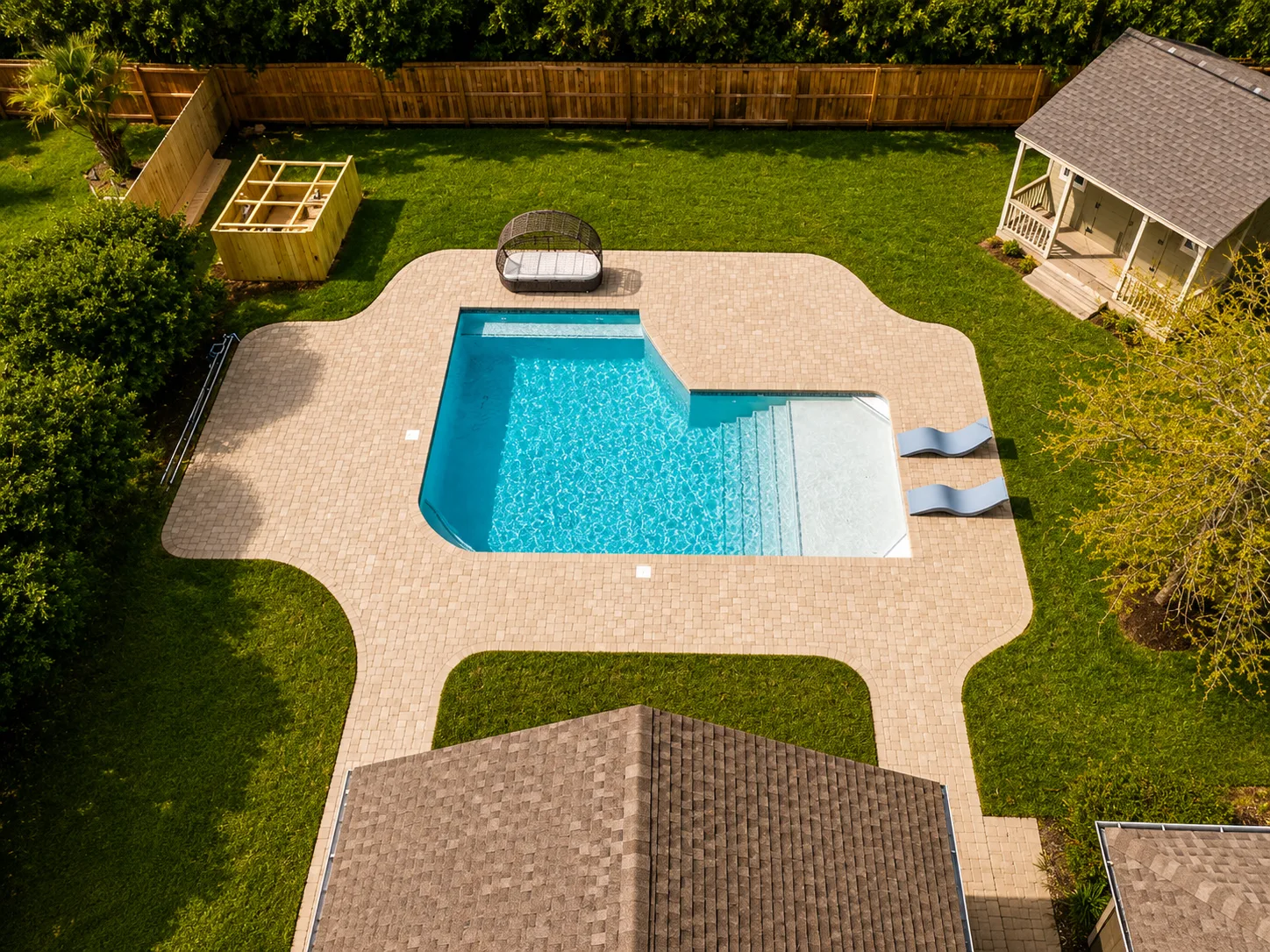 Aerial view of a custom backyard pool built by Neway Pools Aerial view of a custom backyard pool built by Neway Pools
