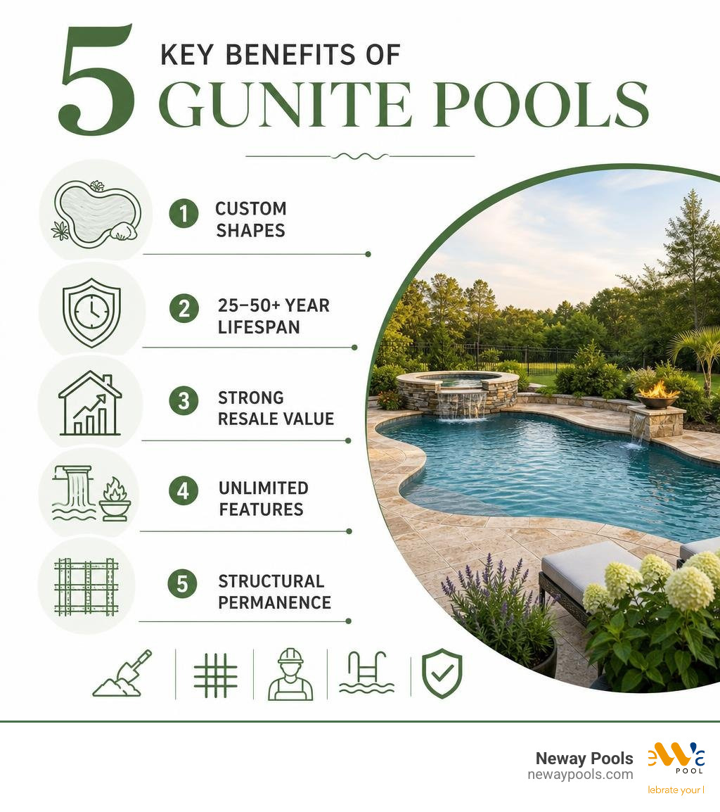 Infographic: 5 key benefits of gunite pools — custom shapes, 25-50+ year lifespan, strong resale value, unlimited features